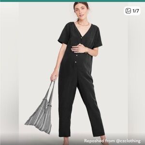 Hatch Noelle linen tencel button v neck jumpsuit in black
